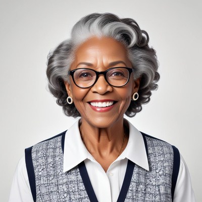 Smiling elderly woman with gray hair and glasses in studio