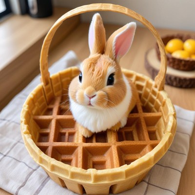 Cute bunny sitting in a waffle basket at home