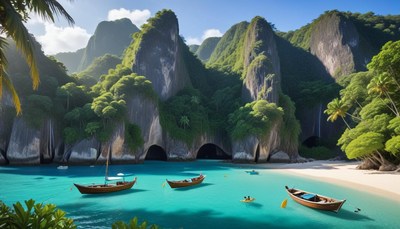Scenic tropical beach with boats on clear blue water