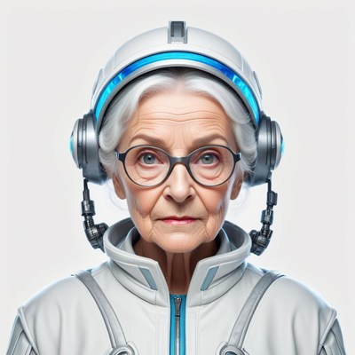 Elderly woman in futuristic space suit with headset