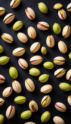Pistachios spread across a black surface in various colors