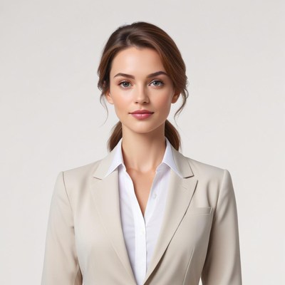 Businesswoman in attire against neutral backdrop