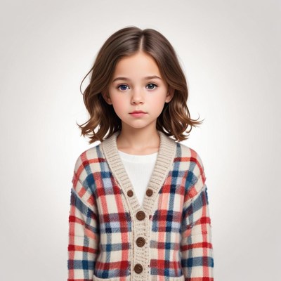 Young child with brown hair in cozy plaid sweater