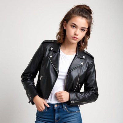 Young model poses in stylish black leather jacket and jeans