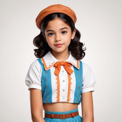 Young girl in colorful vintage outfit poses confidently