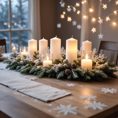 Elegant winter table centerpiece with candles and snowflakes