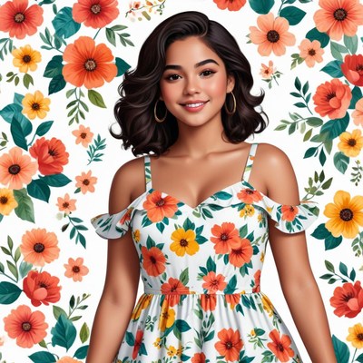 Young woman in floral dress with vibrant background