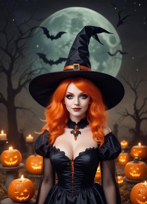 Witch standing among glowing pumpkins at night