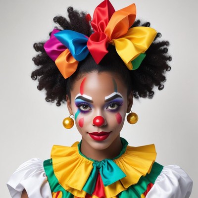 Colorful clown portrait with vibrant accessories and makeup