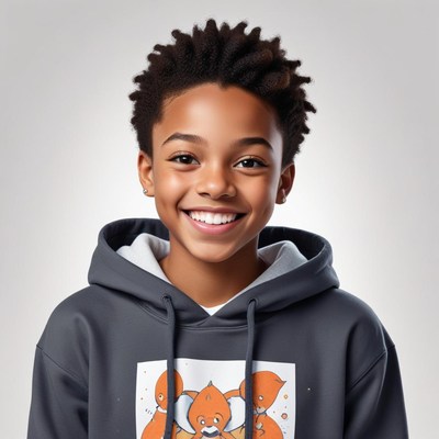 Smiling child in gray hoodie with playful design