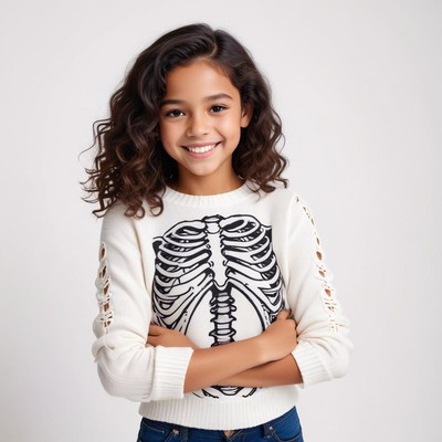 Girl wearing fun skeleton sweater and smiling cheerfully