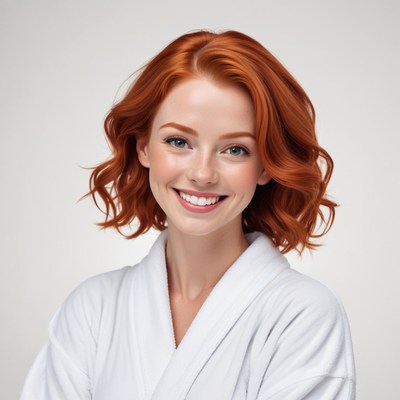 Smiling woman with red hair in a cozy robe
