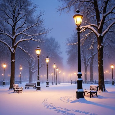Snowy park with lamplights at twilight