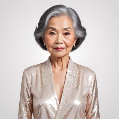Elderly woman dressed in sparkling outfit poses gracefully