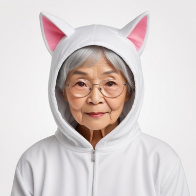 Elderly woman in cute animal hoodie with ears
