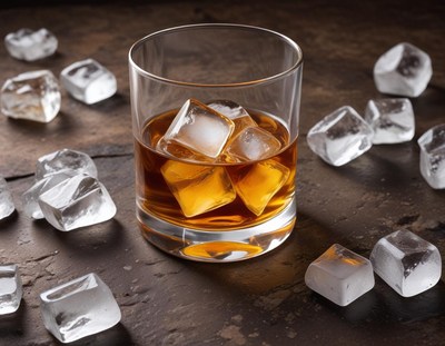 Whiskey on the rocks served in a glass on a dark surface