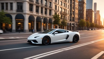 White sports car driving along city street at sunset