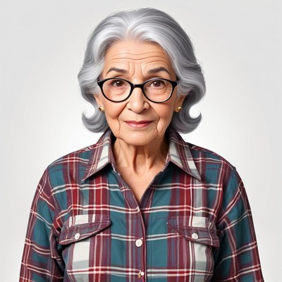 Elderly woman in plaid shirt with glasses poses in studio