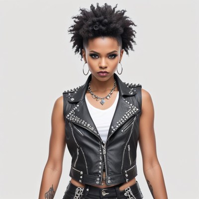 Stylish woman in leather vest poses confidently indoors