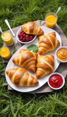 Enjoying breakfast outdoors with fresh croissants and juice