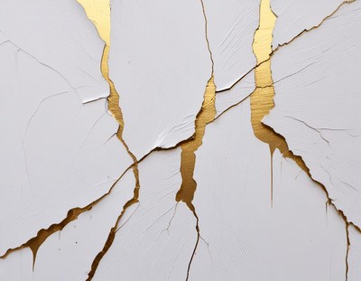 Elegant cracks with gold accents on white surface