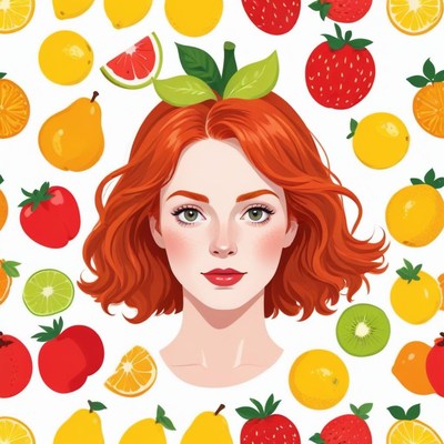 Woman with red hair and fruit background in bright colors