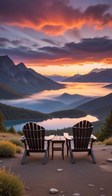 Sunset view from chairs overlooking mountains and lake