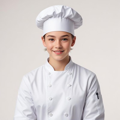 Young chef wearing a white uniform and chef hat