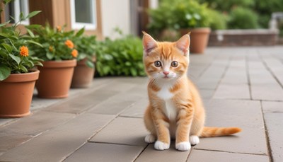 Cute orange kitten sitting outside near potted plants