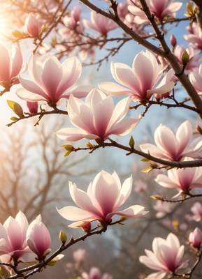 Blooming magnolia flowers in spring sunlight