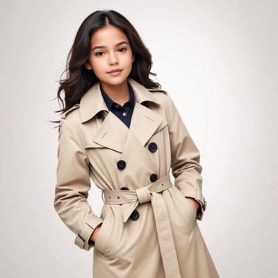 Young girl in stylish trench coat poses confidently indoors