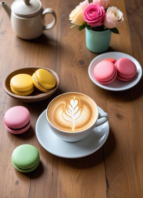 Colorful macarons and latte art on a wooden table