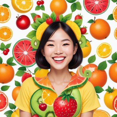 Bright fruit-themed portrait featuring a smiling woman