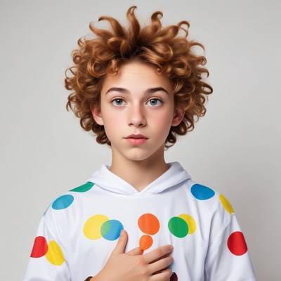 Boy with curly hair in a polka dot hoodie