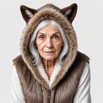 Old woman in a furry hooded coat with animal ears