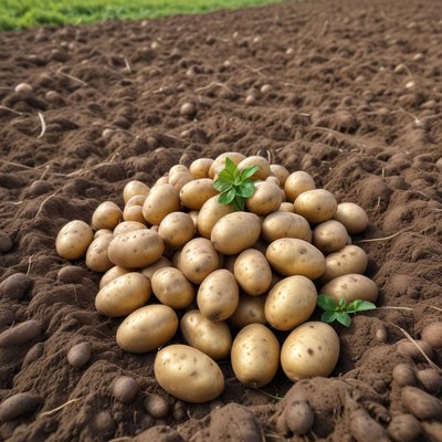 Freshly harvested potatoes on a farm field