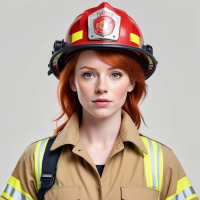 Firefighter in protective gear with bright red helmet