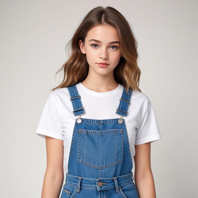 Young woman in denim overalls with a simple t-shirt