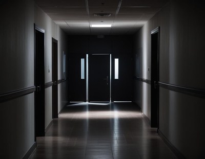 Hallway leading to an illuminated door in a dark corridor