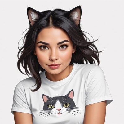 Girl wearing cat ears and a t-shirt with a cat print