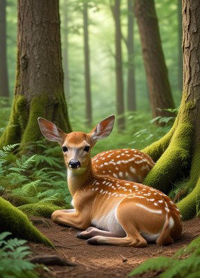 Fawns resting quietly in a peaceful forest setting