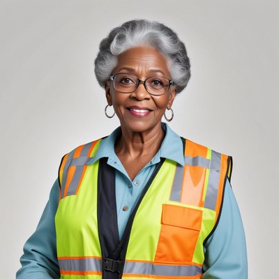 Senior woman wearing safety vest stands confidently