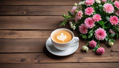 Coffee and flowers create a cozy atmosphere in a cafe