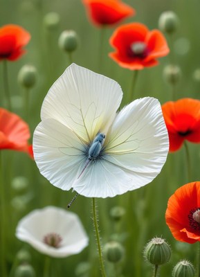 Butterfly resting on white flower among red poppies