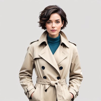 Stylish woman wearing a trench coat in a neutral setting