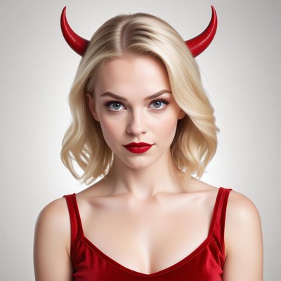 Confident woman in red with devil horns