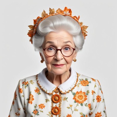 Elderly woman in floral dress with orange accessories