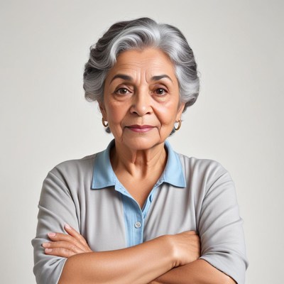 Elderly woman with gray hair poses confidently indoors