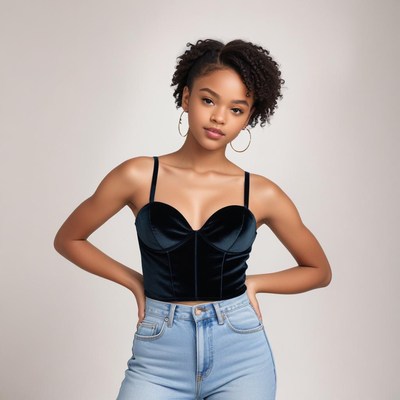 Model poses in stylish outfit with elegant expression