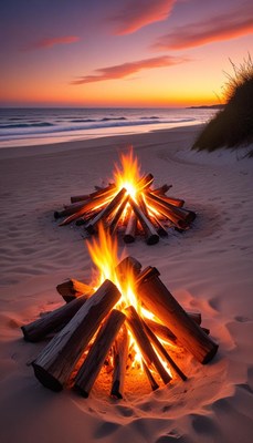 Enjoying beach bonfires at sunset on a warm evening